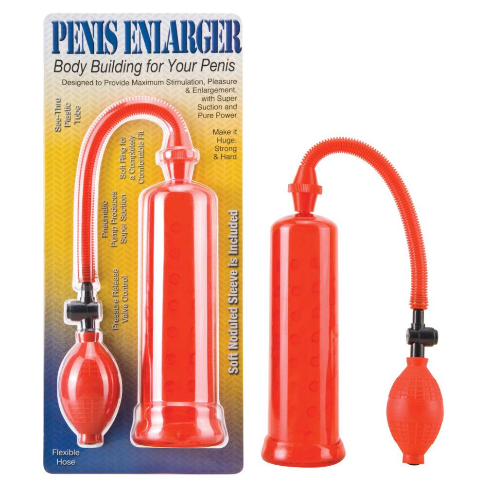 Rote Penis Enlarger Potenzpumpe, mit Schlauch und Pumpe. Einzelnes Produkt, ohne Verpackung.