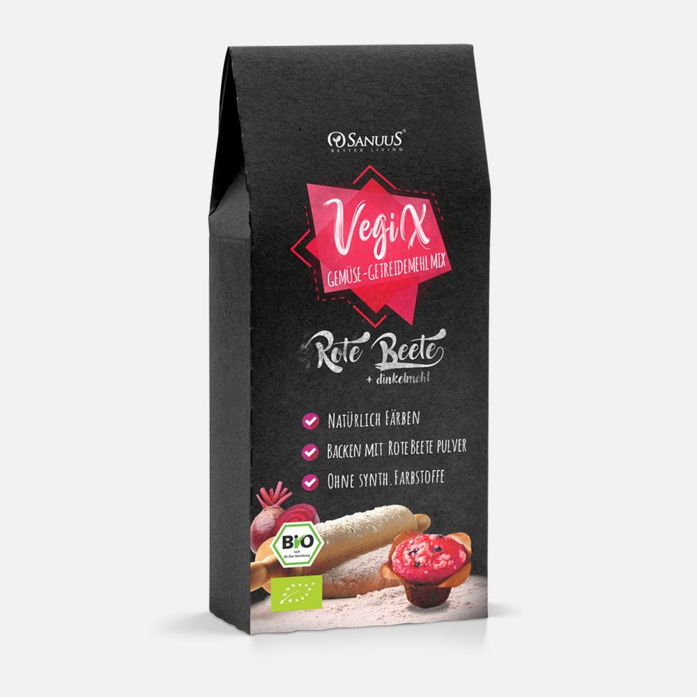 Schwarze Verpackung mit SANUUS® Logo und VegiX-Schriftzug. Rote Beete Pulver, Bio-Siegel, Abbildung von Rote Bete und Backutensilien.