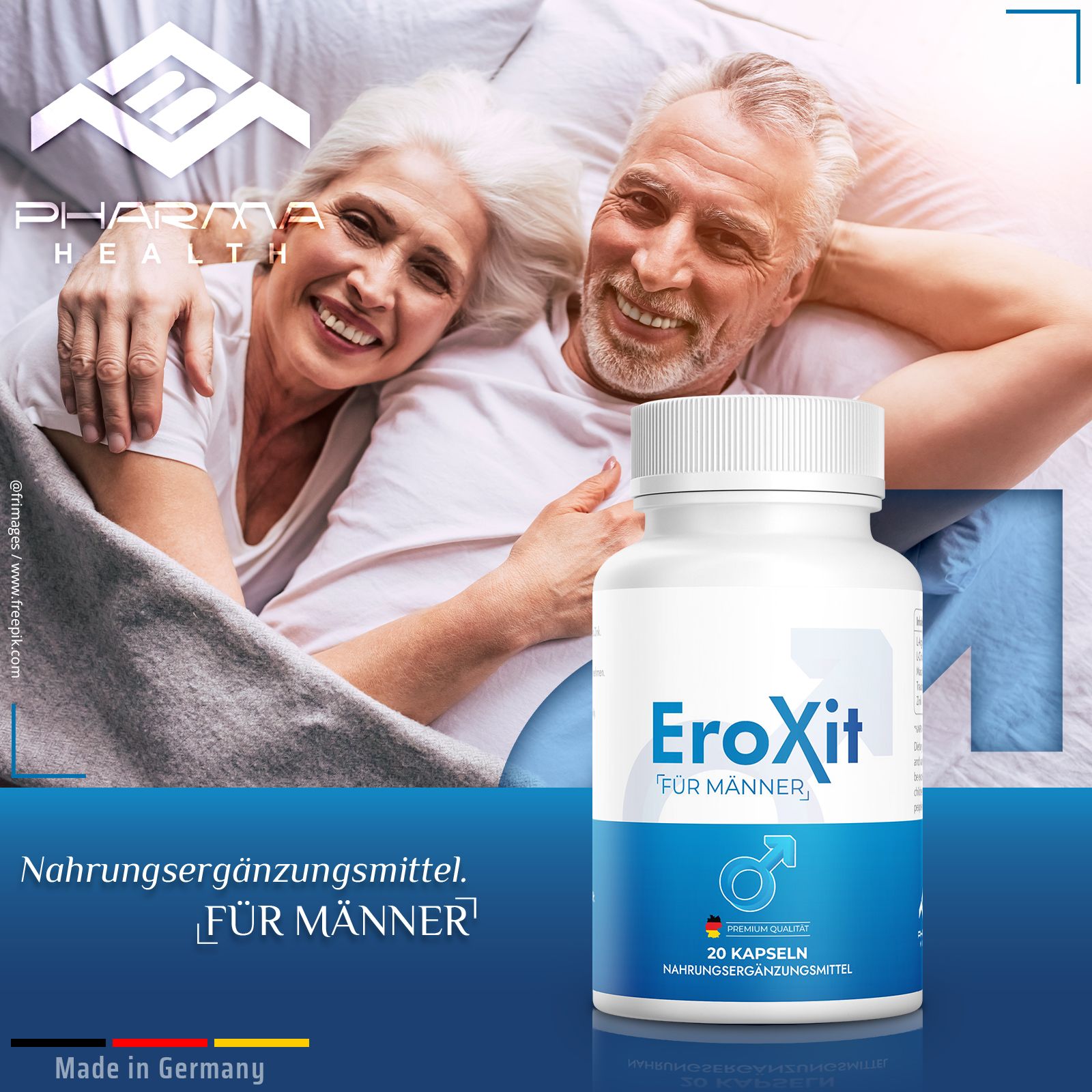 Eine Flasche "EroXit für Männer" neben einem älteren Paar im Bett. Auf der Flasche steht "20 Kapseln". Das Logo ist ebenfalls abgebildet.