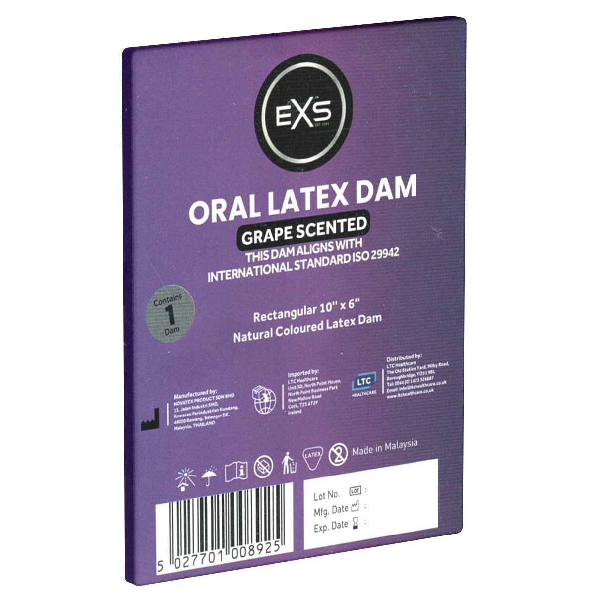 Verpackung mit EXS Oral Latex Dam, Traubenduft. Rechteckig, 10" x 6". Enthält 1 Dam. ISO 29942.