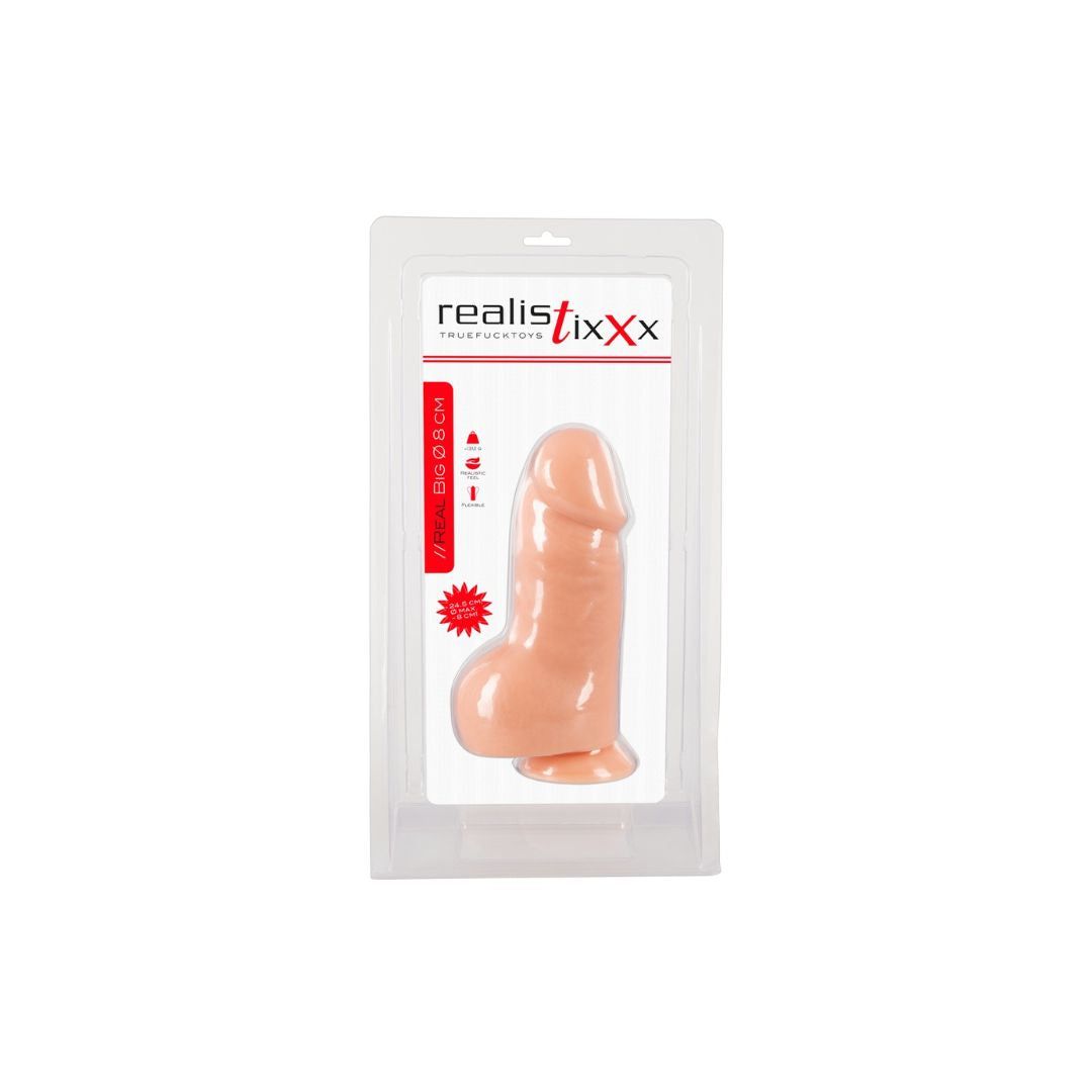 Produktverpackung mit einem beigefarbenen Dildo. Klare Kunststoffverpackung mit Produktabbildung und Text.