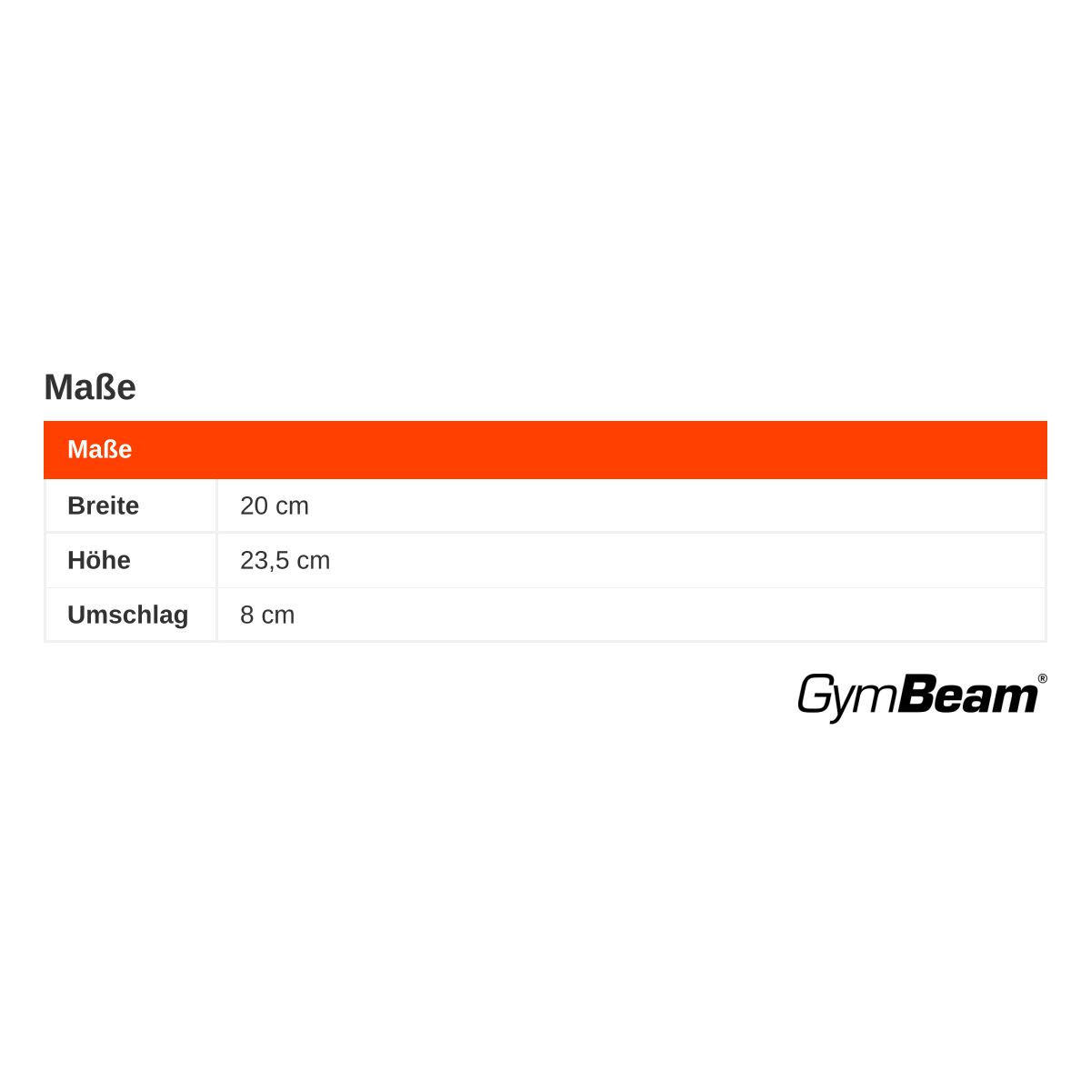 Maße einer orangefarbenen Mütze: Breite 20 cm, Höhe 23,5 cm, Umschlag 8 cm. GymBeam-Logo.