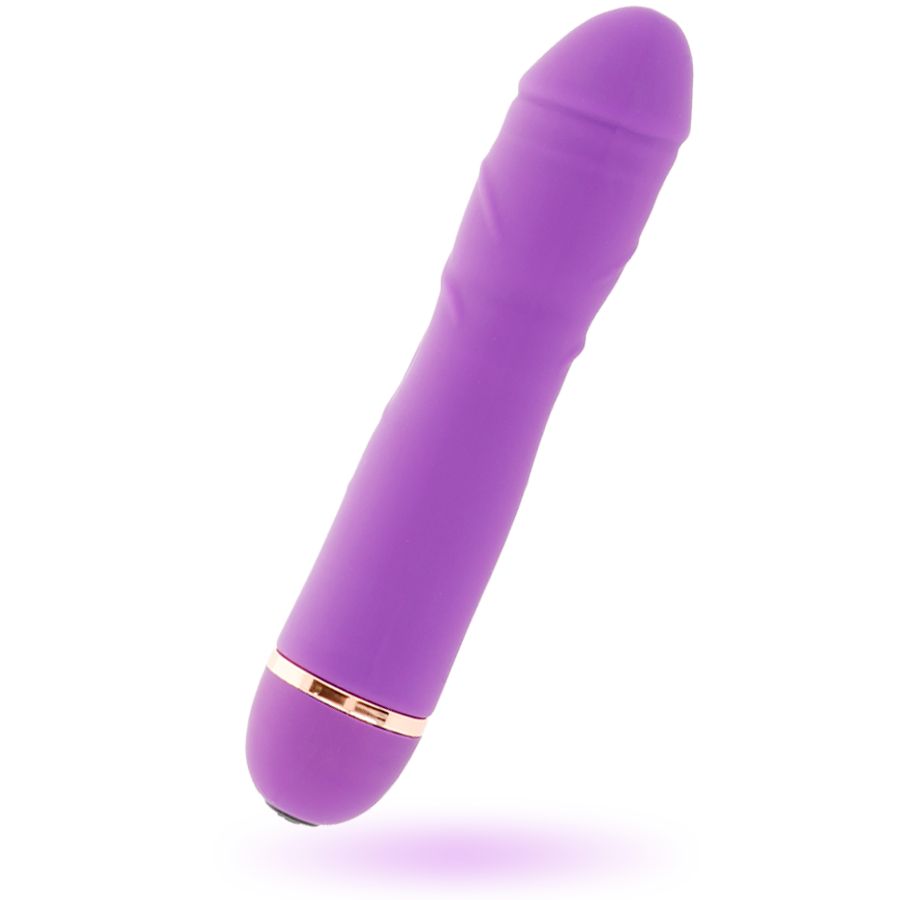 Lila Vibrator mit goldfarbenem Ring. Geformt mit abgerundeter Spitze und länglichem Schaft. Auf weißem Hintergrund.