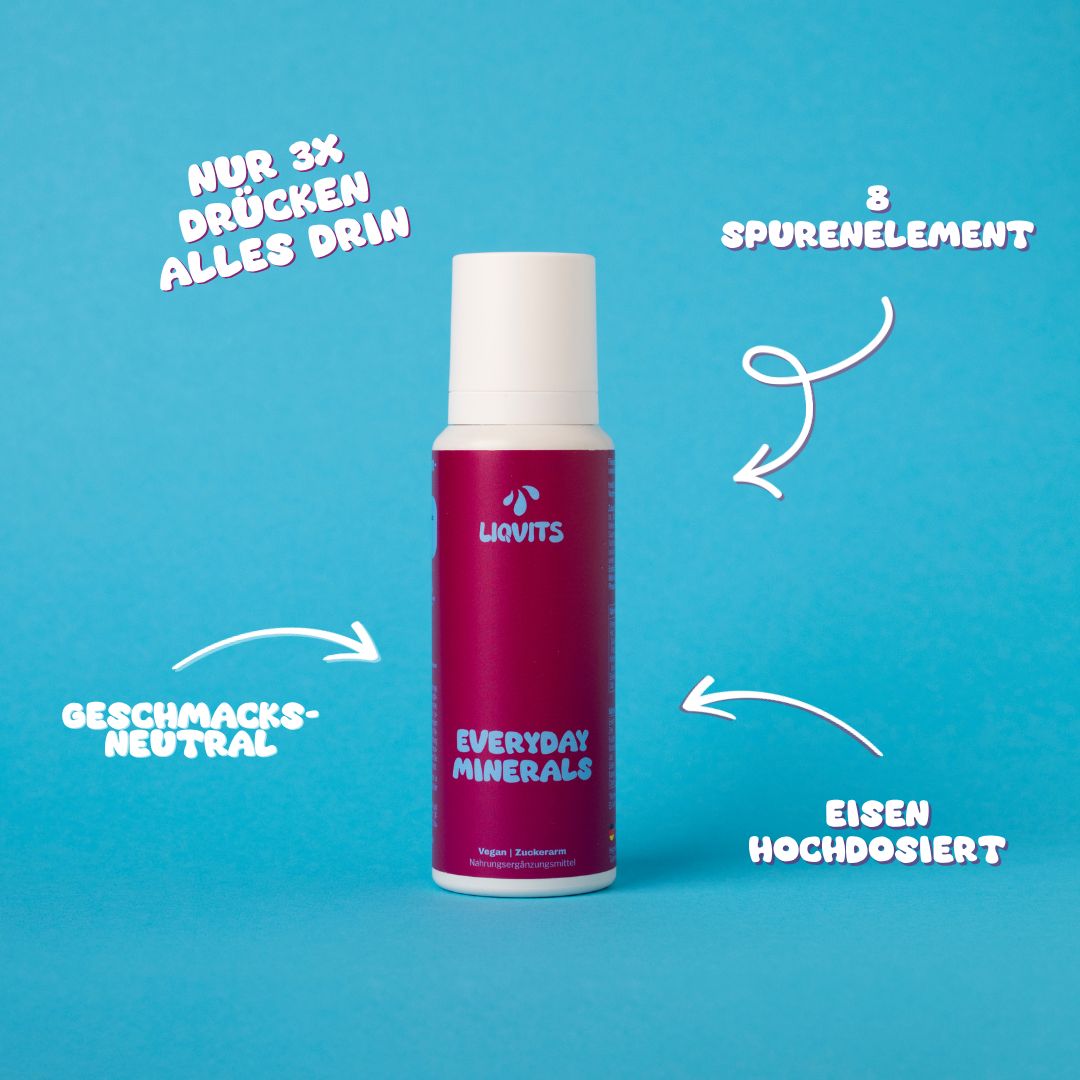 Magentafarbene Flasche mit weißem Deckel. Aufschrift: LIQUITS, EVERYDAY MINERALS. Text und Pfeile.