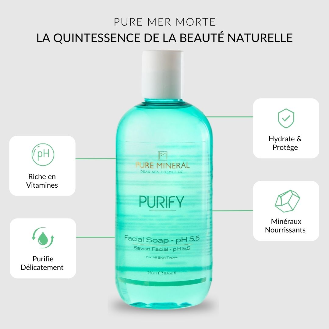 Flacon vert avec texte et icônes. Texte : PURIFY, Facial Soap pH 5.5. Icônes : vitamines, nettoie, hydrate, minéraux.