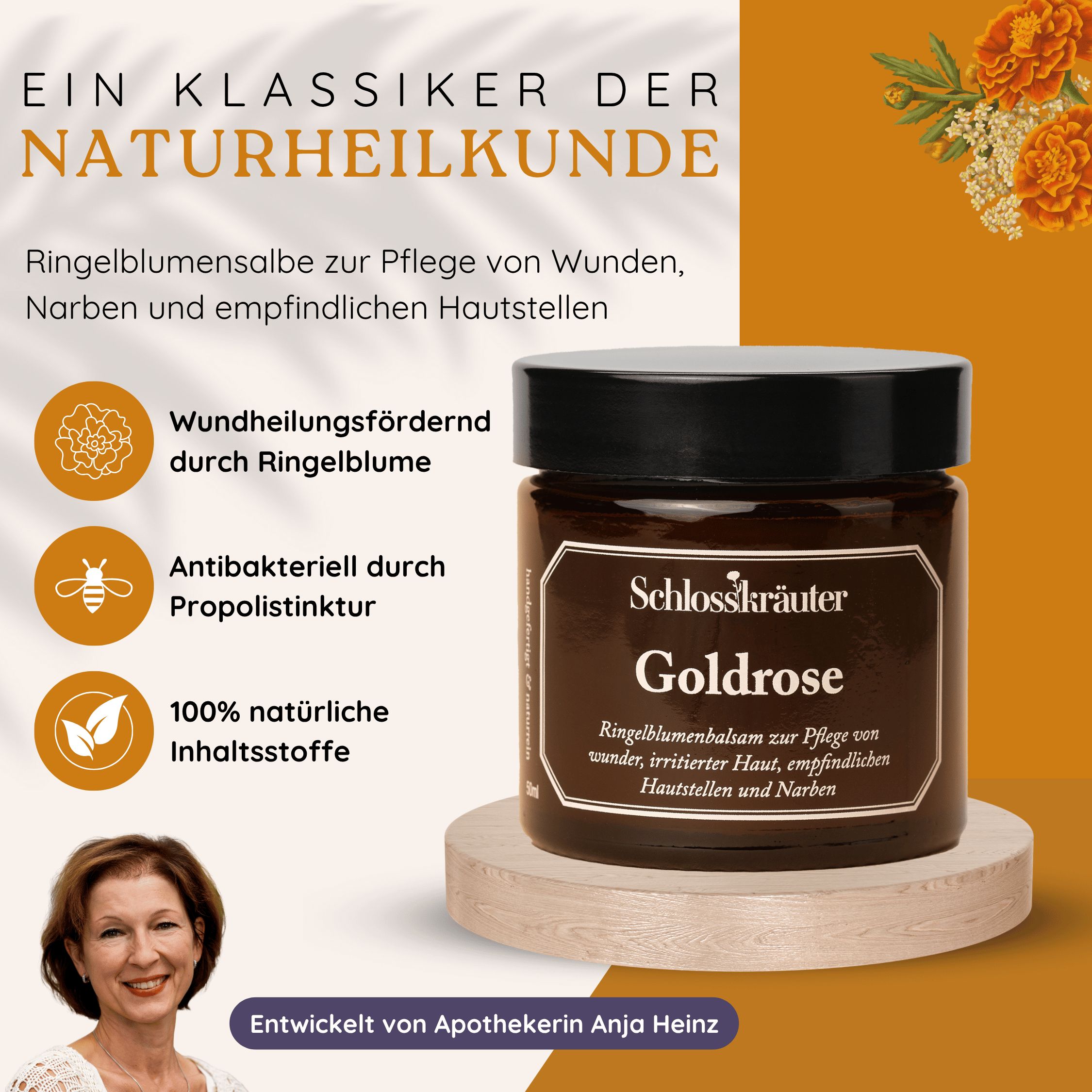 Produkt mit Etikett "Schlosskräuter Goldrose" auf Holzsockel. Text: Ringelblumenbalsam. Zusätzliche Grafiken und Text über Inhaltsstoffe.