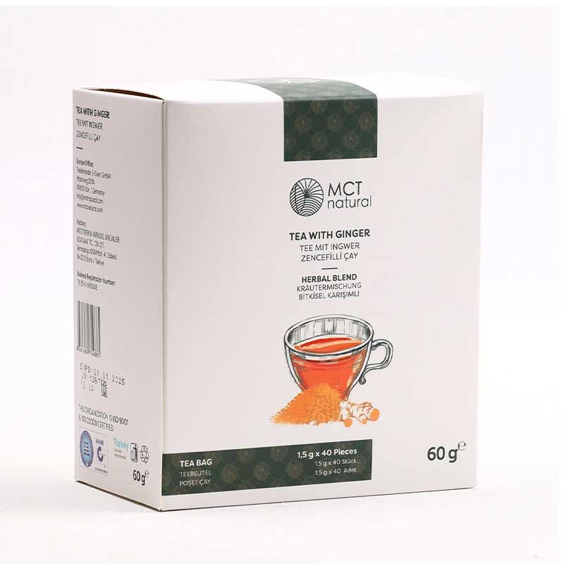 Kartonpackung MCT natural® Ingwertee. Aufdruck: Tee mit Ingwer, Kräutermischung, 1,5g x 40 Beutel, 60g.
