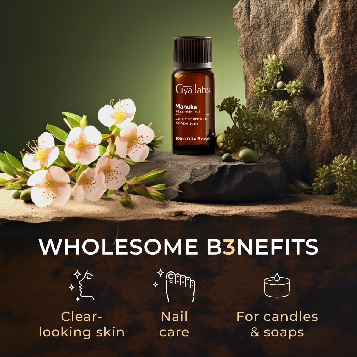 Braune Glasflasche mit braunem Deckel. Etikett mit Text "Gya Labs Manuka". Auf Stein platziert, mit Blumen und Zweigen.