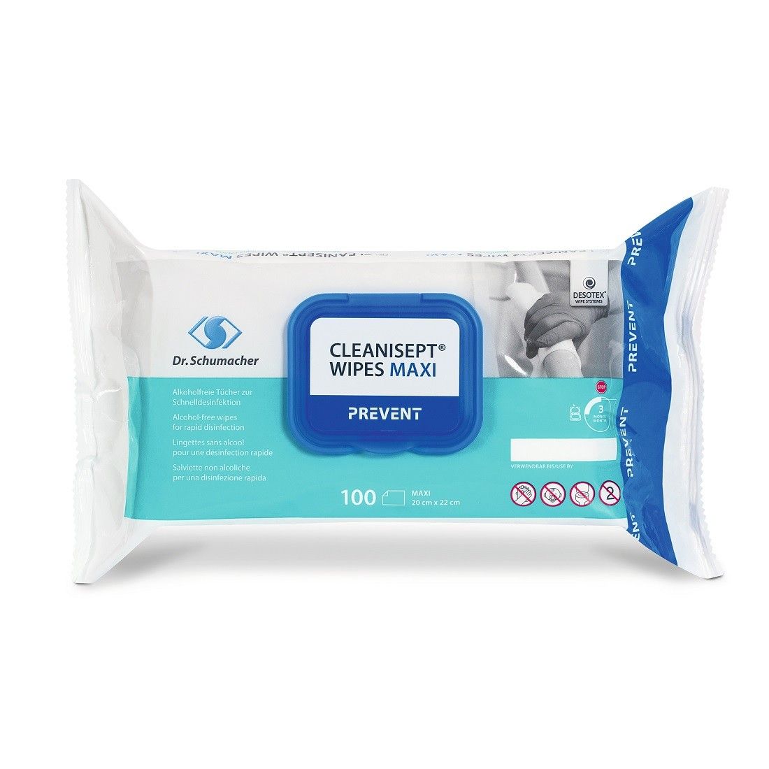 Verpackung von Dr. Schumacher Cleanisept® Wipes Maxi. Weiße Folie mit blauem Deckel. Text: Cleanisept Wipes Maxi Prevent, 100 Tücher.