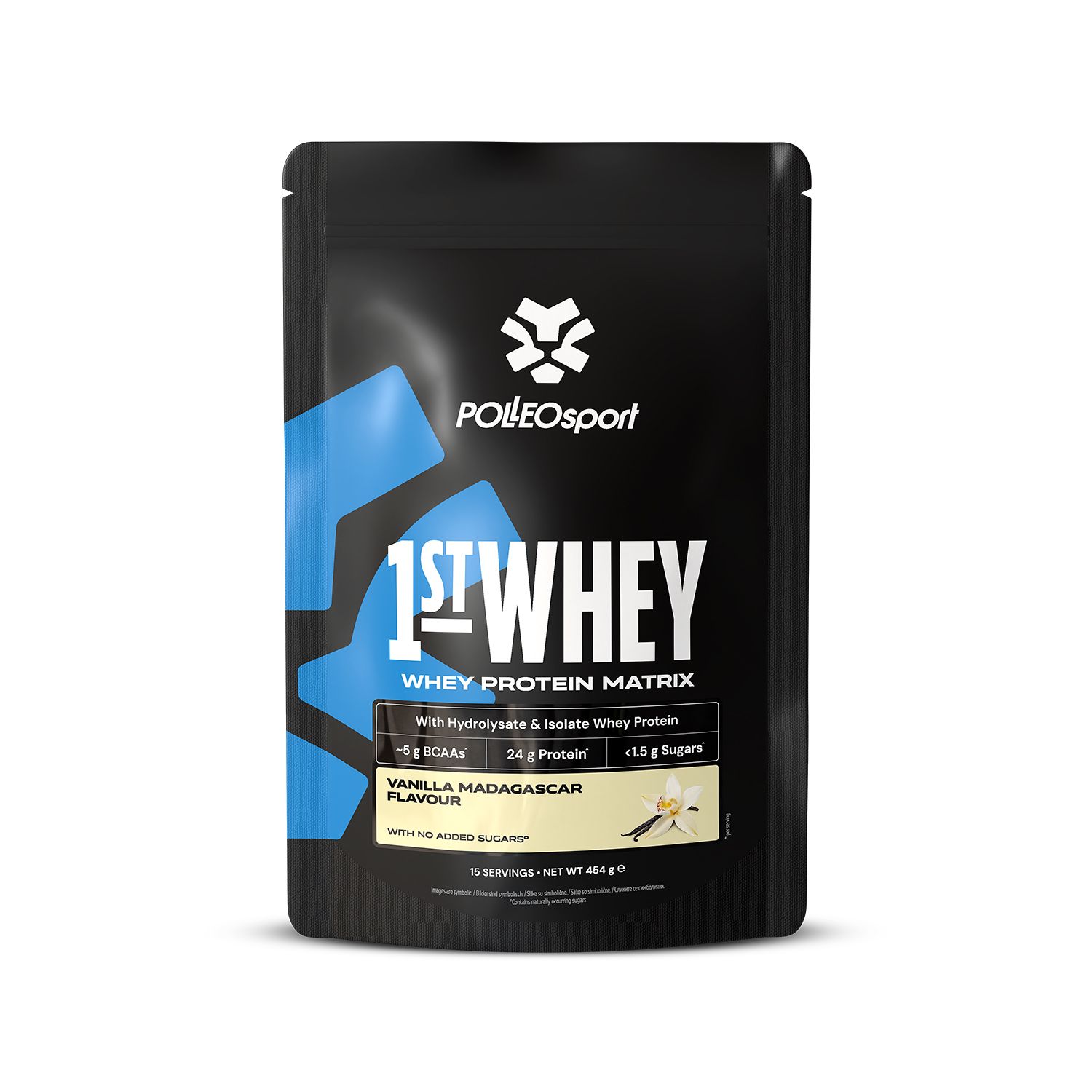 Schwarzer Beutel mit "1ST:WHEY"-Aufdruck. Enthält Molkenproteinmatrix. Vanille-Madagaskar-Geschmack. Ohne Zuckerzusatz.