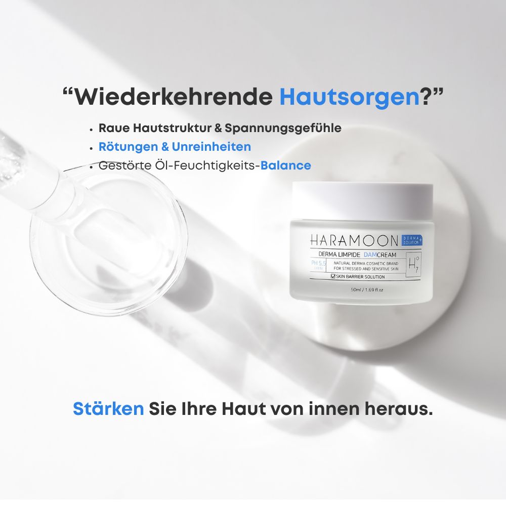 Creme-Glas auf einem Podest. Text über Hautprobleme und HARAMOON-Logo.