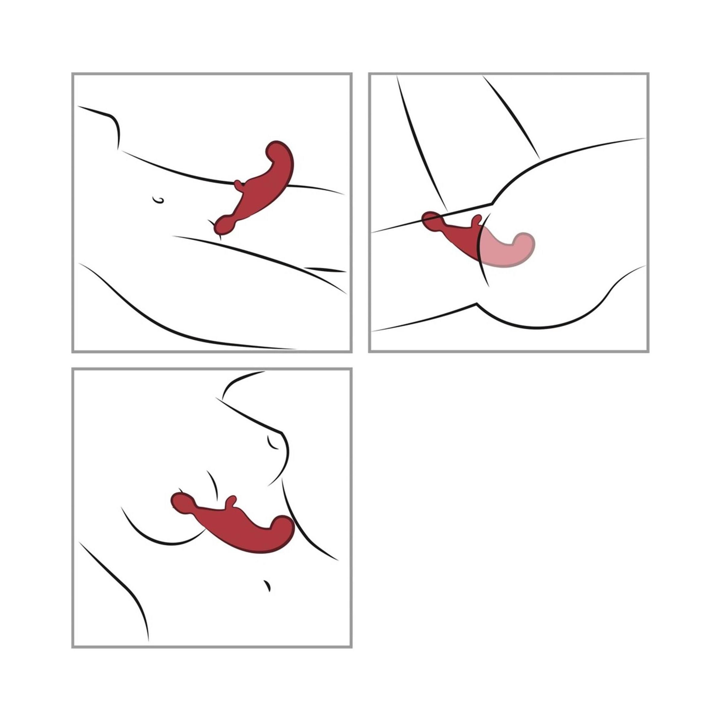 Drei schematische Darstellungen. Bordeauxfarbenes Produkt in Kontakt mit Brust und Intimbereich. Gezeigt werden verschiedene Anwendungspositionen.