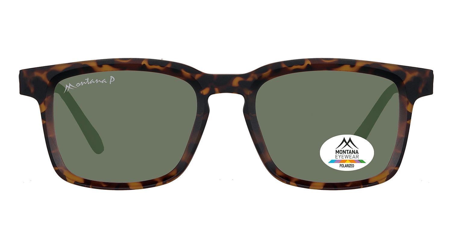 Sonnenbrille mit braunem Rahmen und grünen Gläsern. Montana Eyewear Logo und Polarized-Aufkleber. Quadratische Form.
