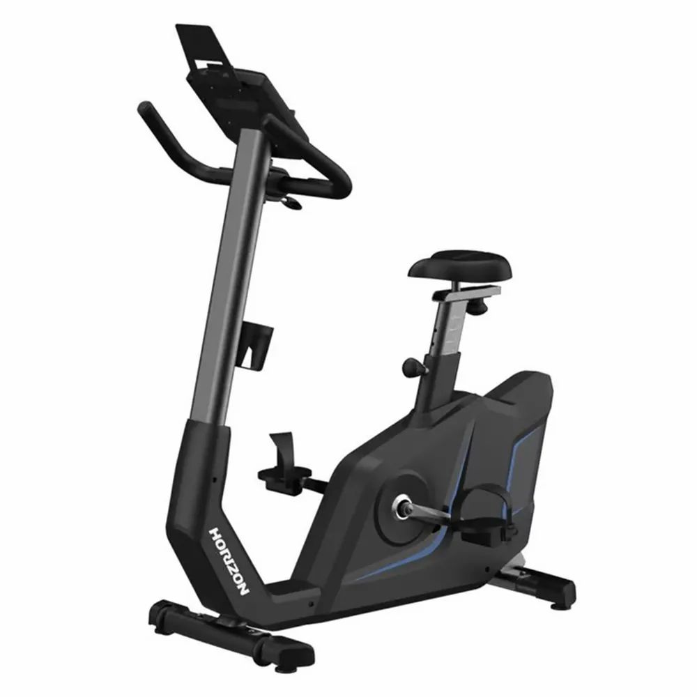 Ergometer Horizon Fitness 5.0Ui, schwarz. Seitenansicht. Mit Display, Pedalen, Sattel und Horizon-Logo.