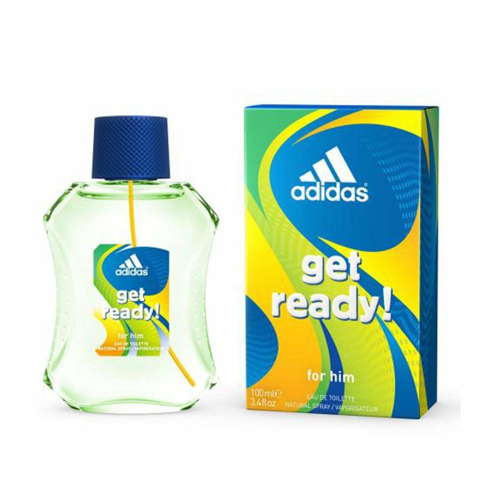 Parfümflasche und Verpackung. Flasche grün, Deckel blau. Verpackung blau, gelb und grün. Adidas-Logo und "get ready!" für Herren.