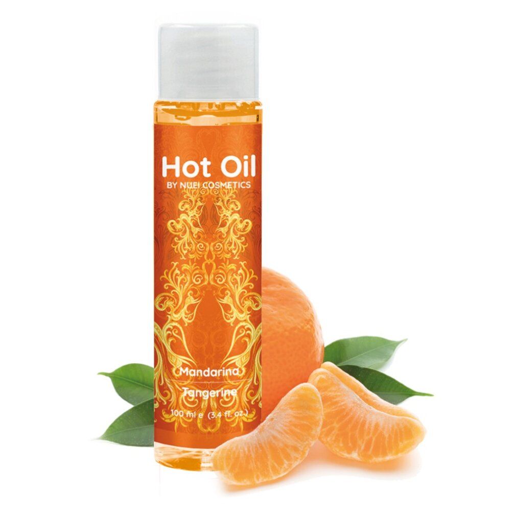 Massageöl-Flasche mit Mandarinen und Blättern. Aufschrift: Hot Oil, Mandarina, Tangerine. Marke: NUEI cosmetics.