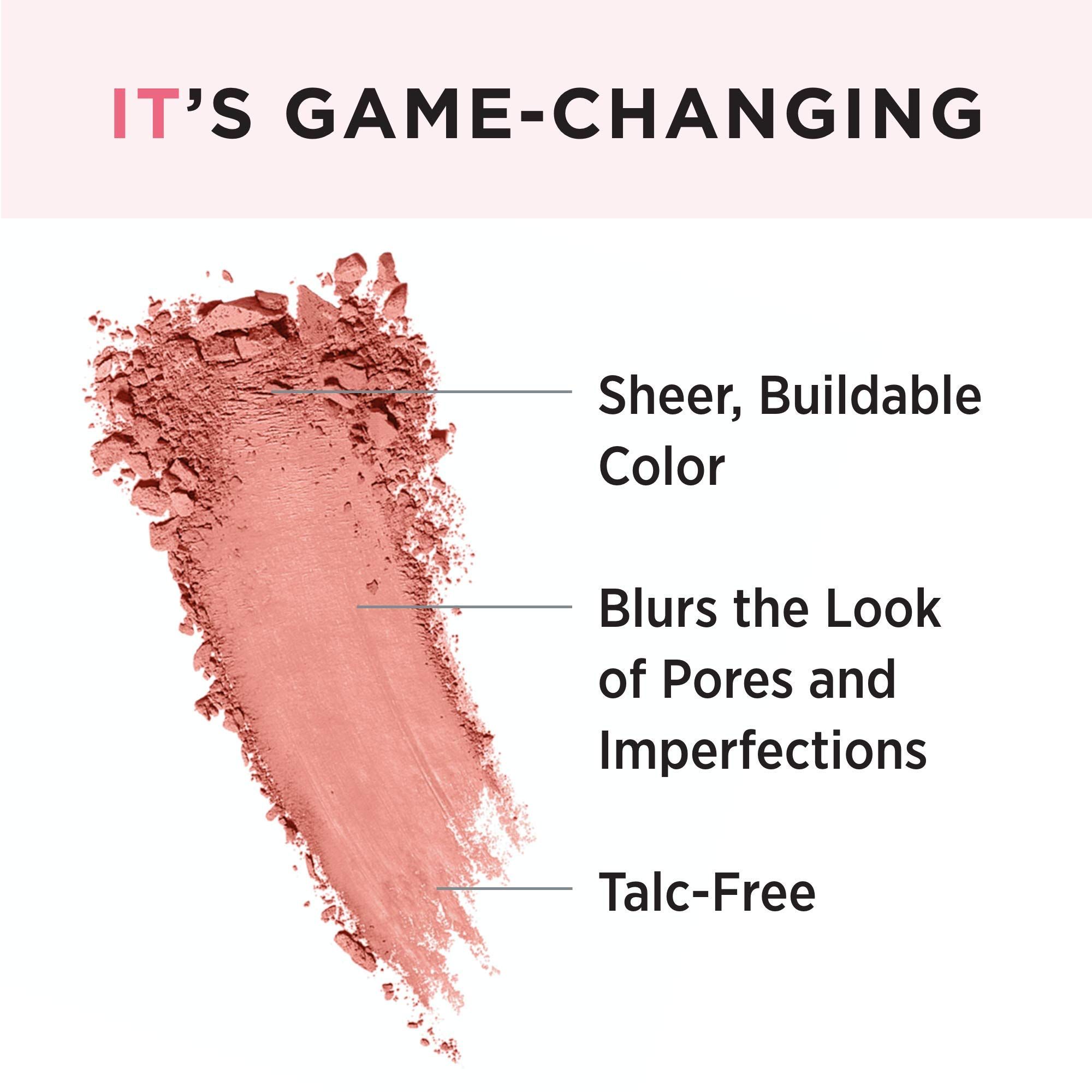 Rosafarbener Rouge-Abdruck mit Text: Sheer, Buildable Color, Blurs the Look of Pores and Imperfections, Talc-Free.