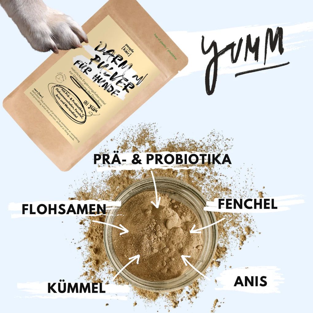 Produktbeutel "Darm Pulver für Hunde" und Zutaten. Zutaten: Prä- & Probiotika, Flohsamen, Fenchel, Anis und Kümmel. Text: "Yumm".