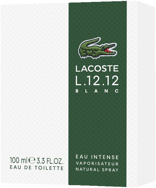 Verpackung von Lacoste L.12.12 Blanc Eau Intense. Weiß mit grünem Streifen, Krokodil-Logo und Produktinformationen.