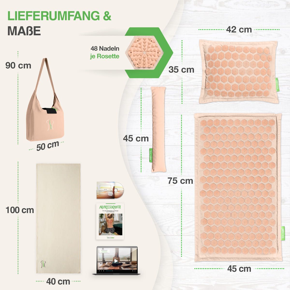 Akupressurmatte, Kissen, Tasche, und Zubehör. Maße: Matte 100x45cm, Kissen 35x42cm, Tasche 90x50cm. 48 Nadeln je Rosette.