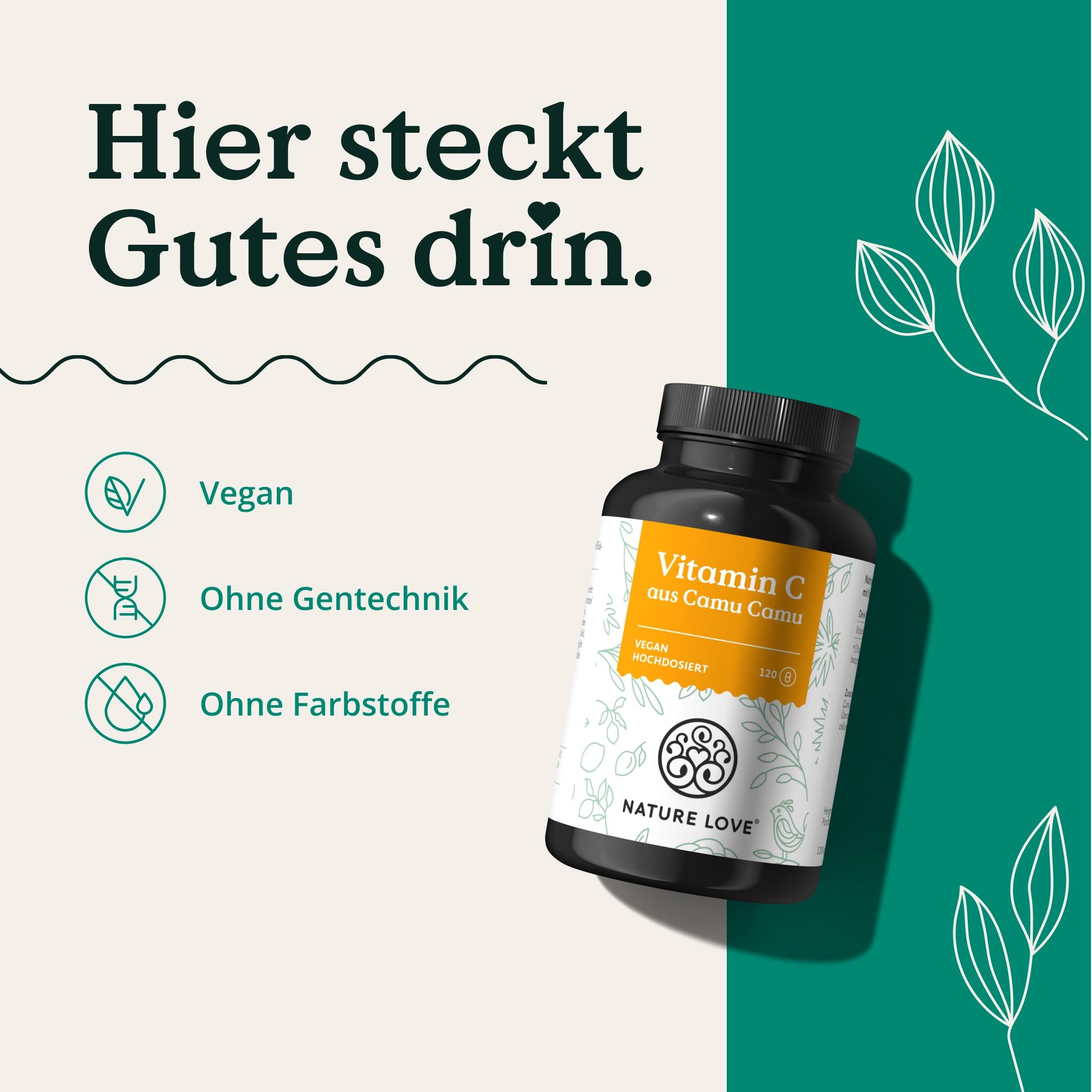 Braune Flasche NATURE LOVE® Vitamin C aus Camu Camu. Text: Vegan, Ohne Gentechnik, Ohne Farbstoffe. Grüner Hintergrund.