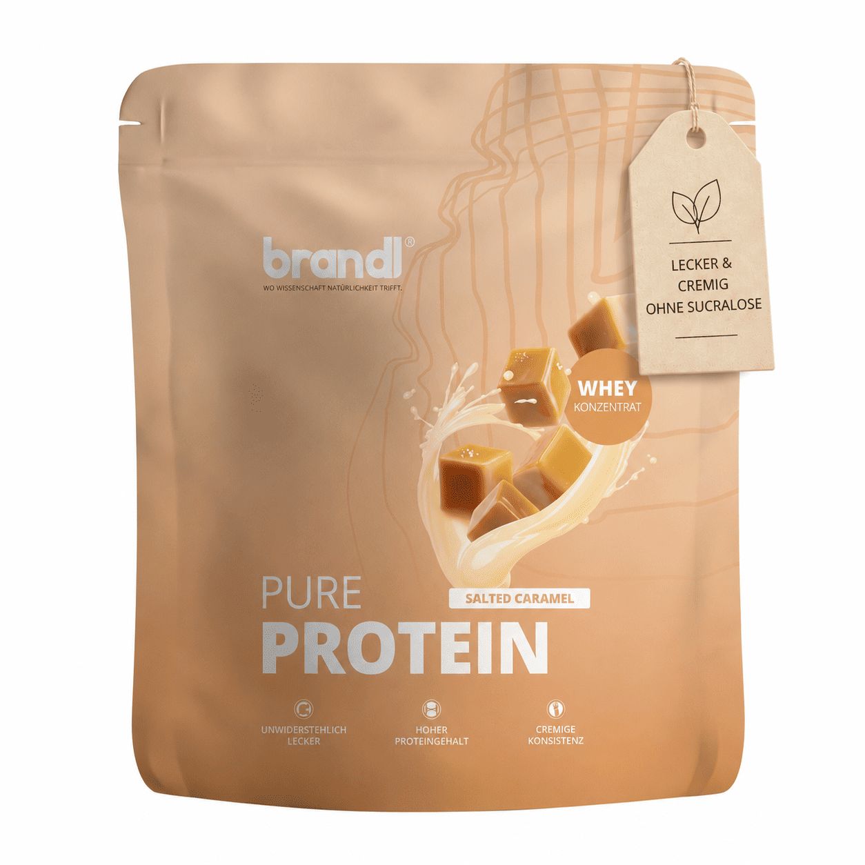Beutel brandl® Pure Protein "Salted Caramel" mit Karamellwürfeln und Spritzern.