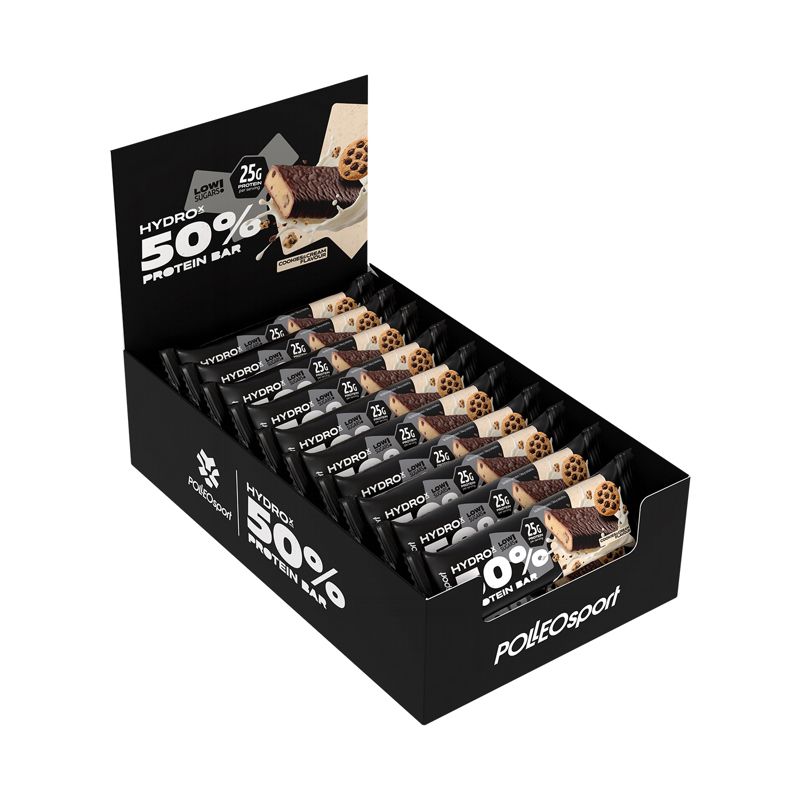 Schwarzer Karton mit Proteinriegeln. Aufdruck: Hydrox 50% Protein Bar, 25g Protein. PolleoSport Logo.