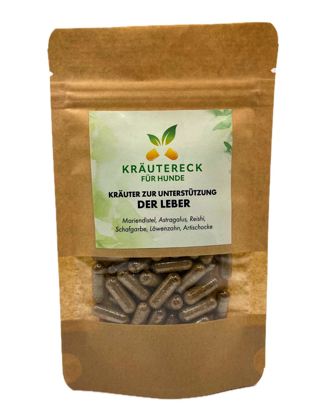 Braune Tüte mit Kräuterkapseln. Etikett mit Produktname und Inhaltsstoffen. Sichtfenster mit Kapseln.