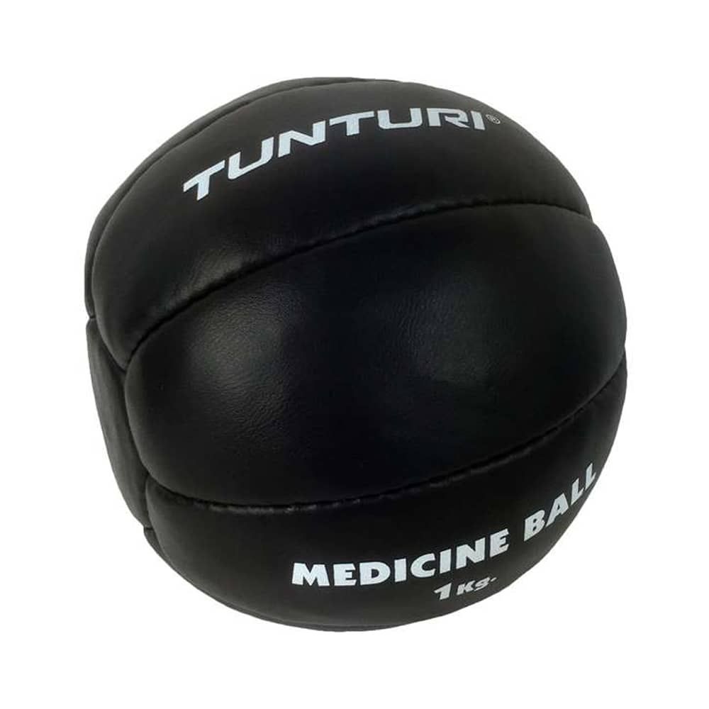 Schwarzer Medizinball aus Kunstleder. Aufschrift: Tunturi, Medicine Ball, 1 kg.