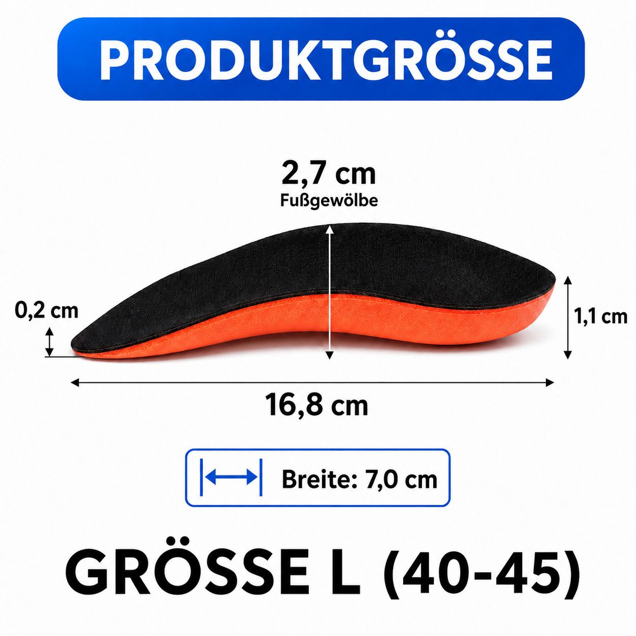 Maßangaben für eine Fußgewölbe-Halbsohle: Länge 16,8 cm, Breite 7,0 cm, Höhe 1,1 cm.
