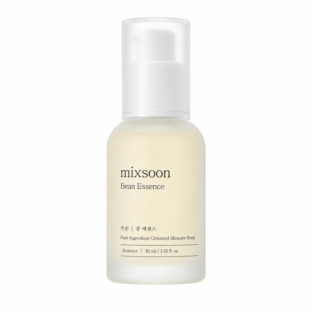 Mixsoon Bean Essence in einer matten Glasflasche mit weißem Pumpspender. Enthält 30 ml.