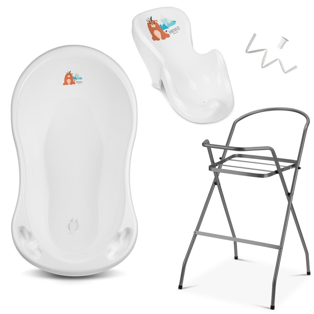 Babykajo 4 Set Baby Badewanne mit Gestell + Wanneneinsatz + Abfluss.
