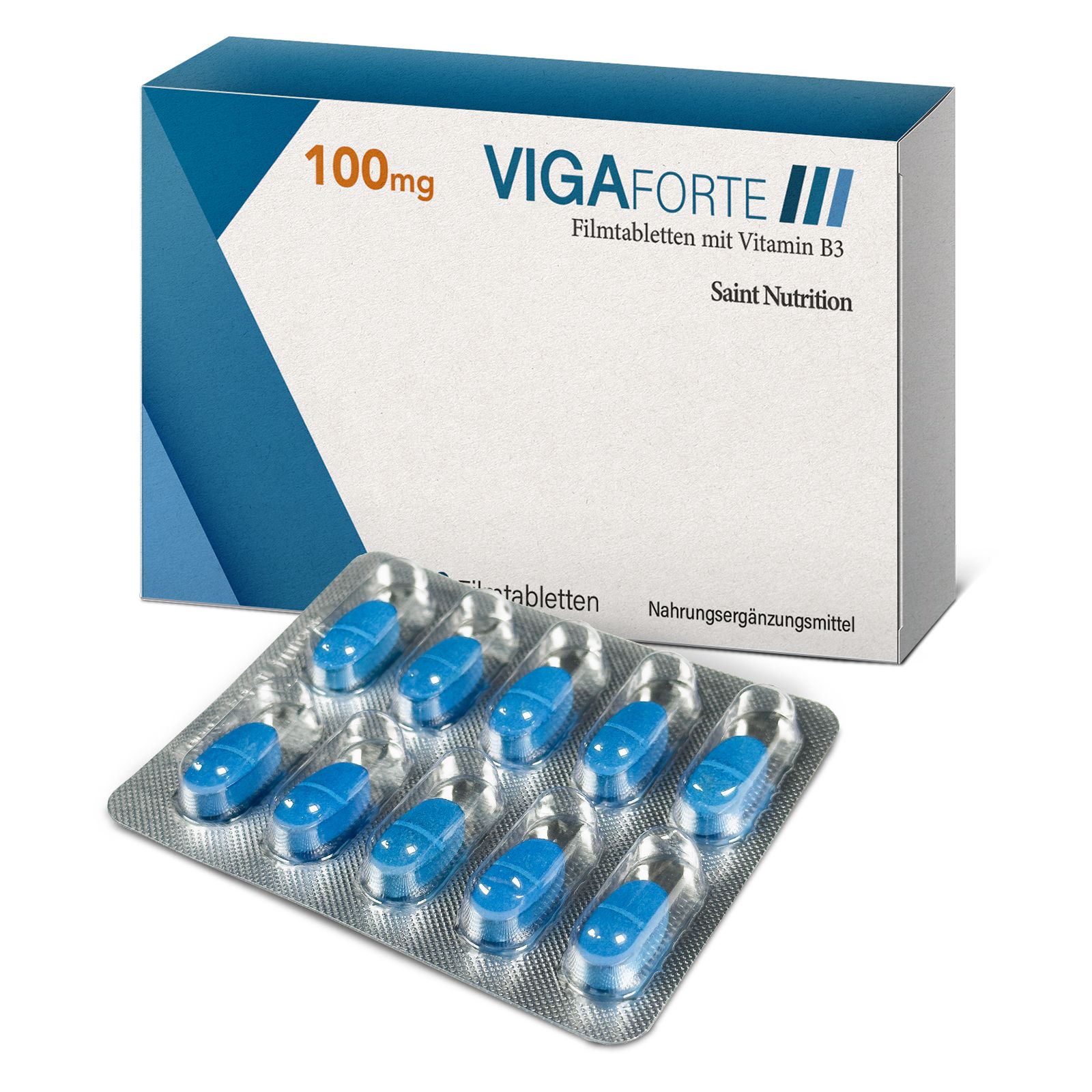 Blisterpackung mit blauen Tabletten und Schachtel mit Aufschrift VIGA FORTE III. Nahrungsergänzungsmittel mit Vitamin B3.