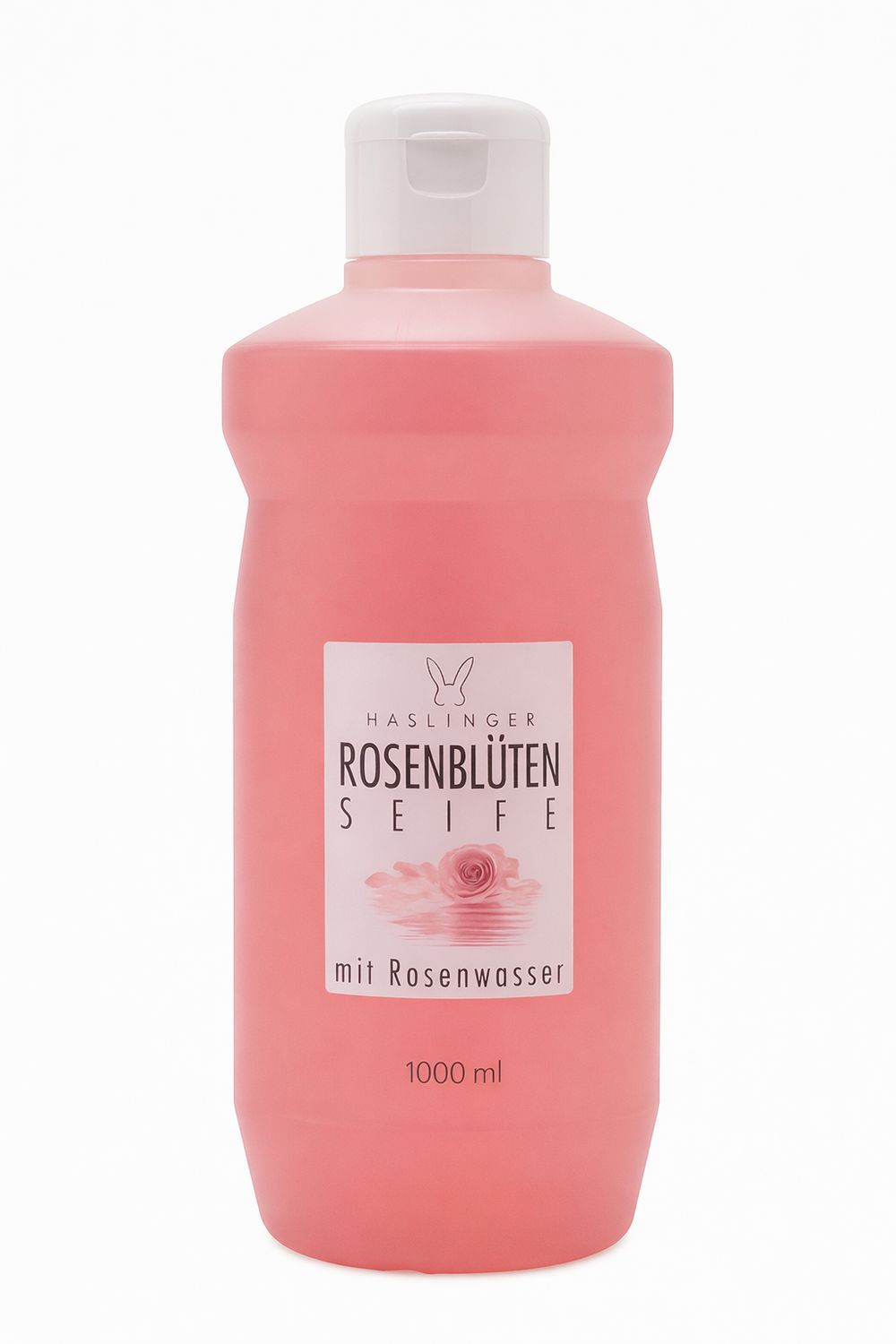 Rosa Flüssigseife-Nachfüller mit weißem Deckel. Etikett mit Text: Rosenblüten Seife, mit Rosenwasser. 1000 ml.