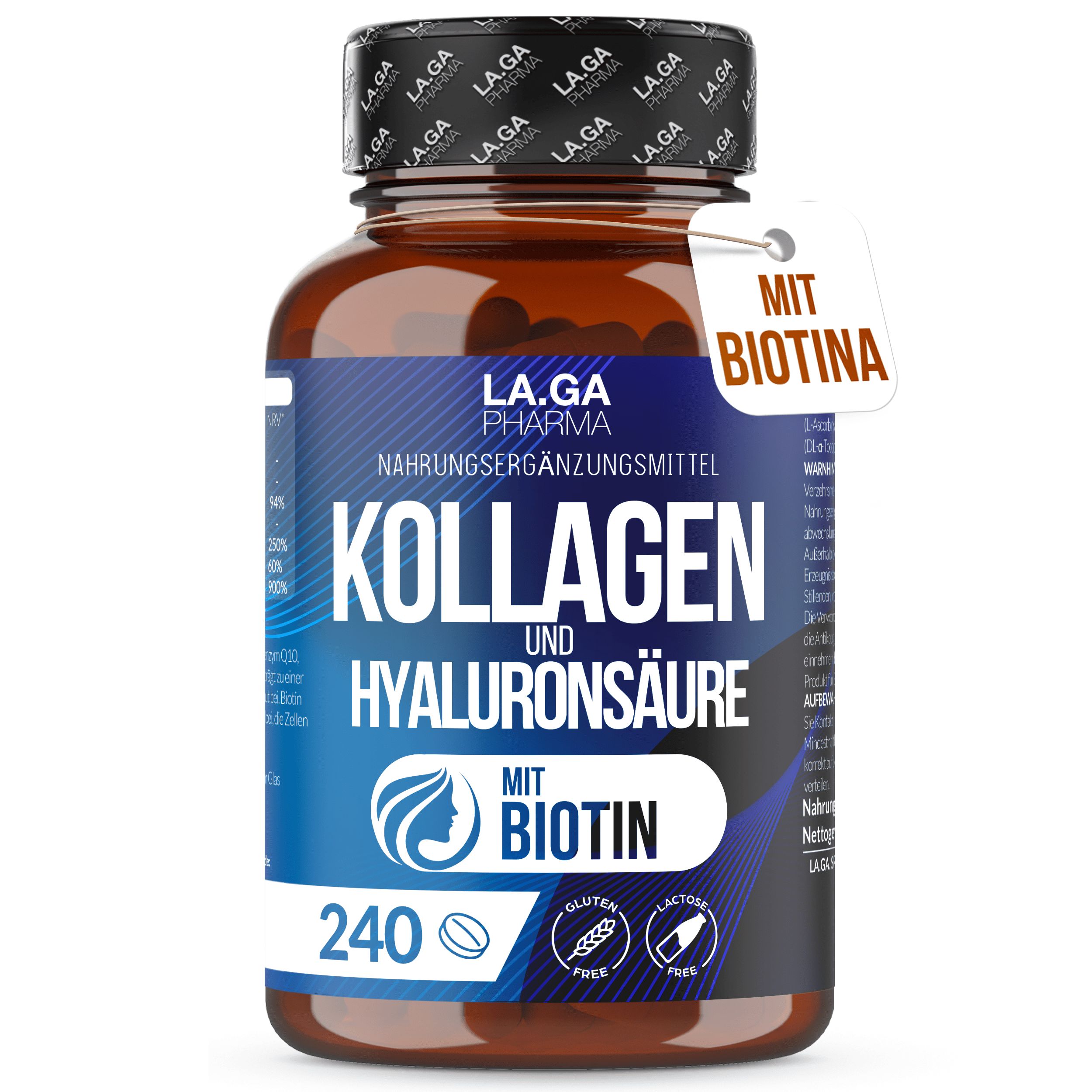Kollagen Komplex mit Hyaluron & Biotin – 240 Tabletten hochdosiert. 2000 mg Kollagen-Hydrolysat mit