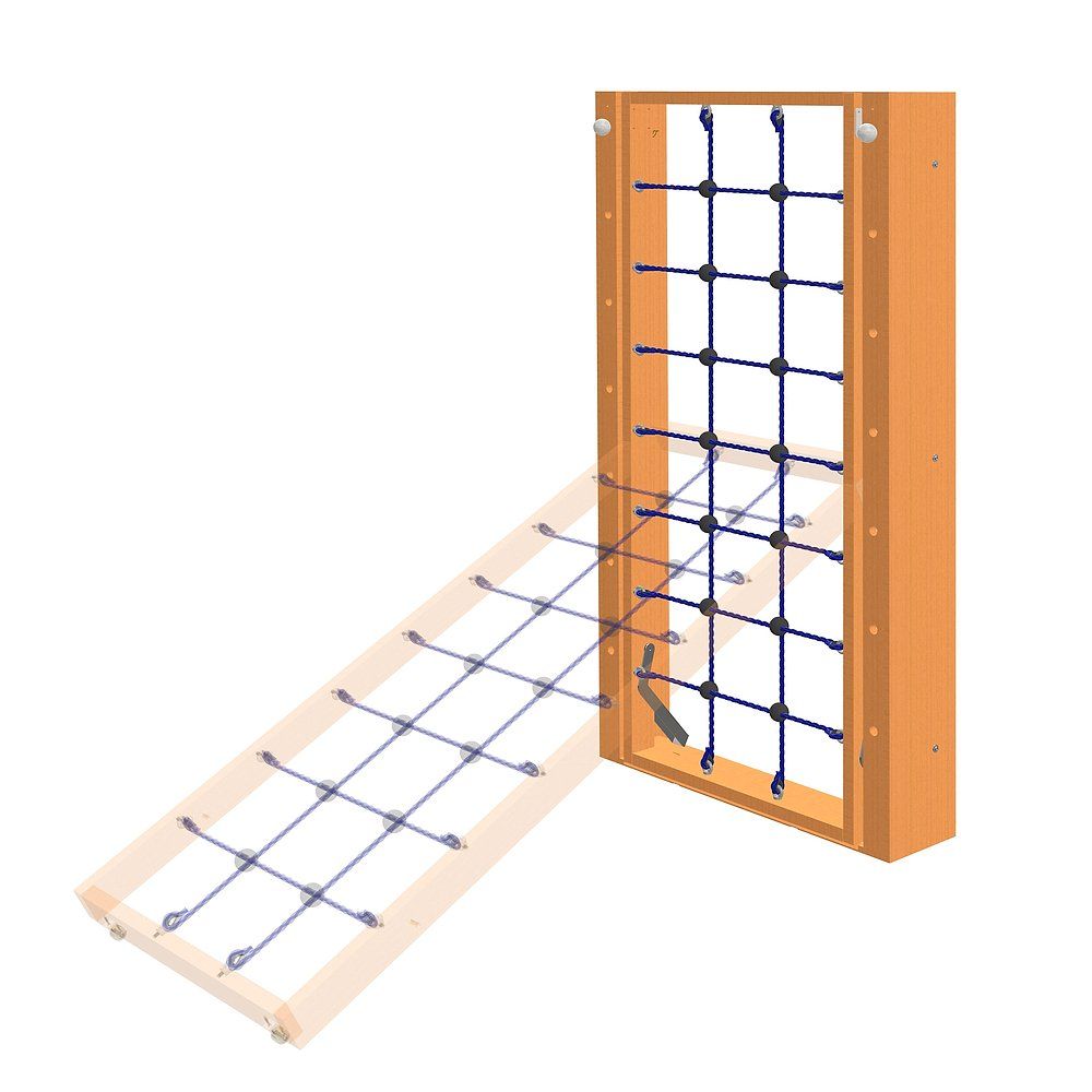 Kletterwand aus Holz mit Kletternetz, teilweise ausgeklappt. Holzrahmen mit dunkelblauem Netz. Metallgriff und Scharniere.