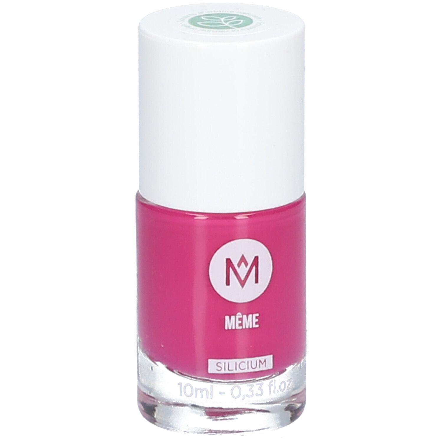 Nagellackflasche, bonbonrosa. Weißer Deckel, transparente Glasflasche. Logo MÊME, Schriftzug SILICIUM.