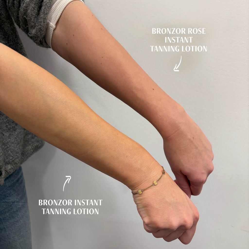 Arme mit gebräunter Haut. Text: Bronzor Rosé Instant Tanning Lotion. Vergleich von gebräunter und ungebräunter Haut.