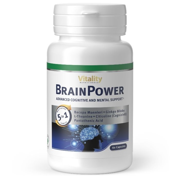 Vitality Nutritionals BrainPower Behälter mit Etikett, das Inhaltsstoffe und kognitive Unterstützung zeigt.