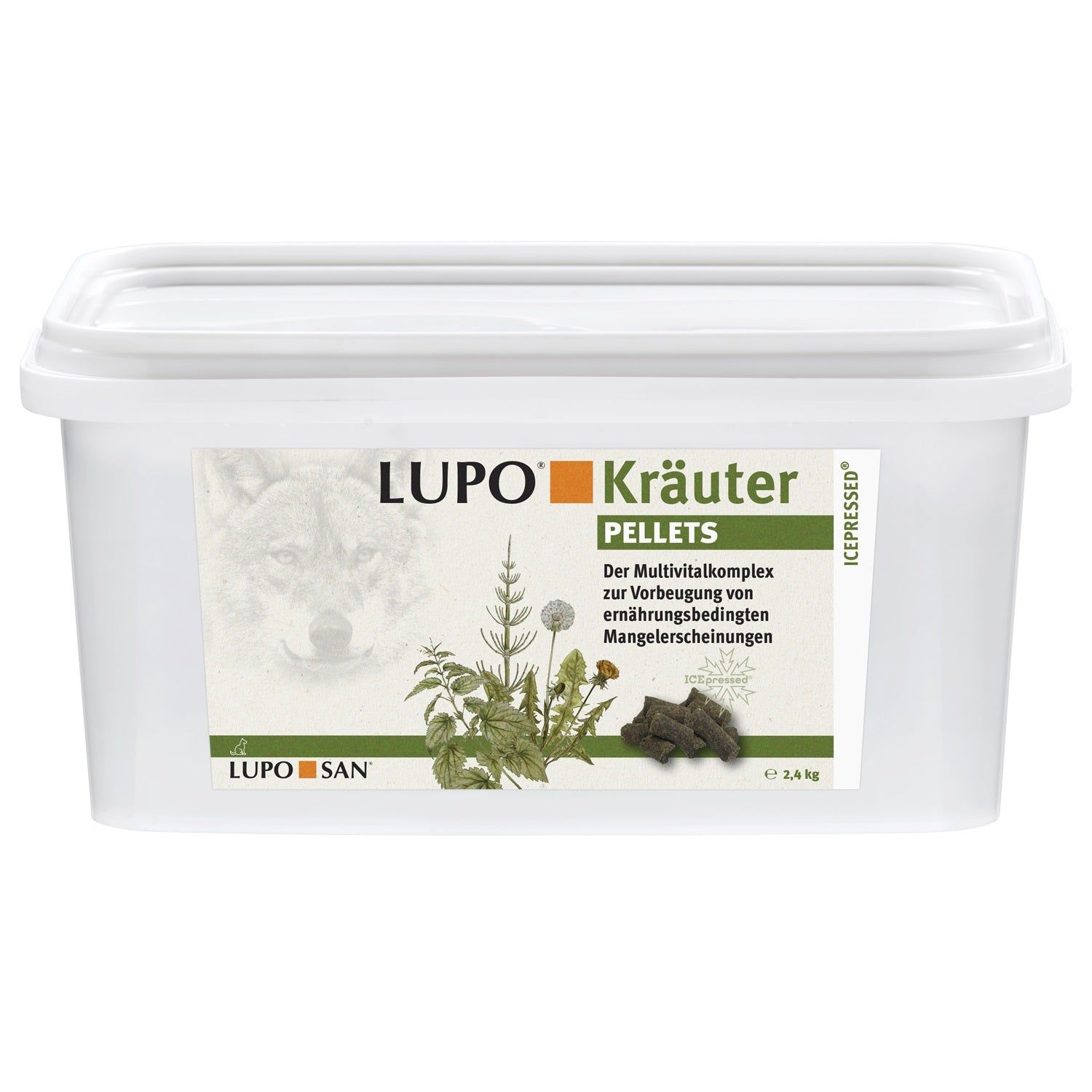 Weißer Behälter mit Luposan Kräuter Pellets, 2,4 kg. Enthält Abbildung eines Wolfs und Kräuter.