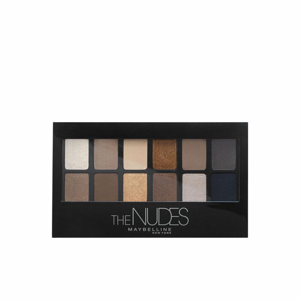 Lidschatten-Palette mit 12 Farbtönen. Schwarze Verpackung. Aufschrift: THE NUDES MAYBELLINE New York.