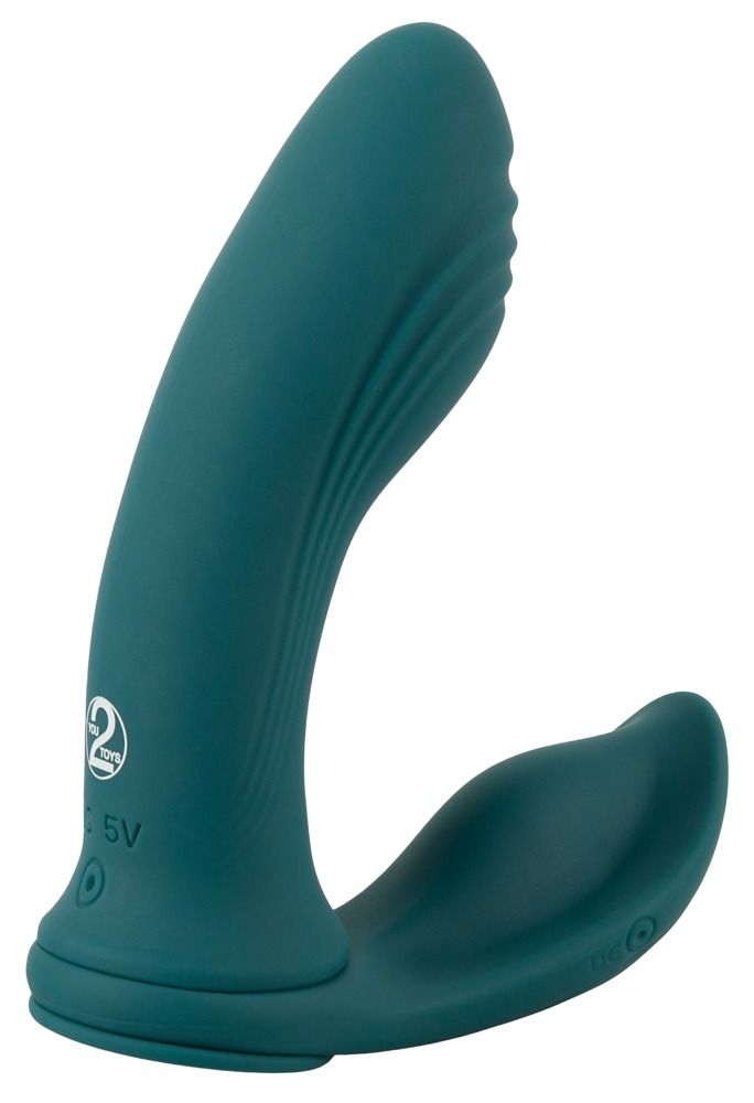 Türkisfarbener Vibrator mit gebogener Form und geriffelter Oberfläche. Auf dem Produkt ist das Logo '2' zu sehen.
