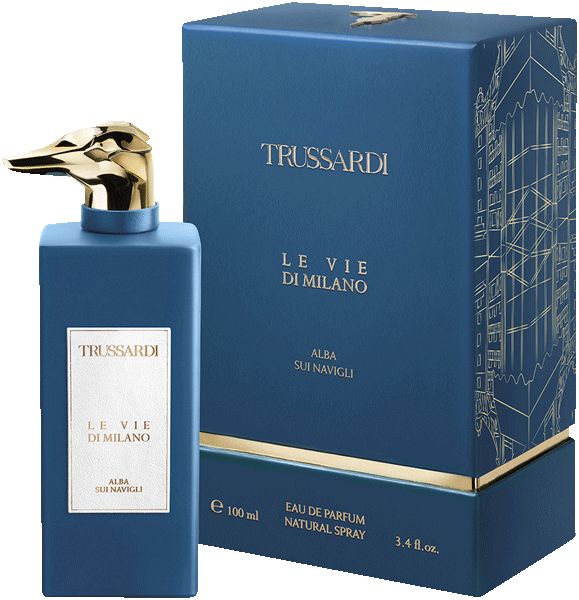 Blaues Parfum mit goldfarbenem Sprühkopf und Flakon. Aufschrift: Trussardi, Le Vie Di Milano, Alba Sui Navigli. Box daneben.