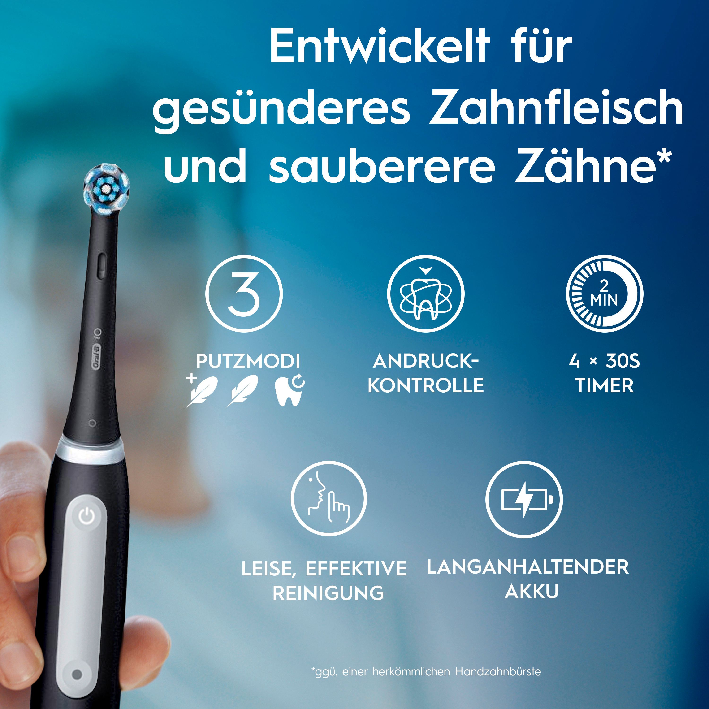 Hand hält schwarze elektrische Zahnbürste. Text: 3 Putzmodi, Andruckkontrolle, 2 Min Timer, leise Reinigung.