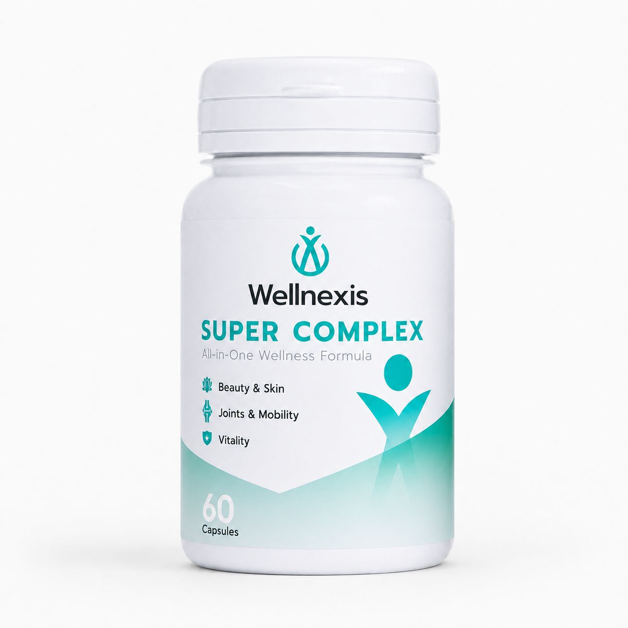 Weiße Flasche mit Wellnexis Super Complex, 60 Kapseln. Beschriftung: Beauty & Skin, Joints & Mobility, Vitality.