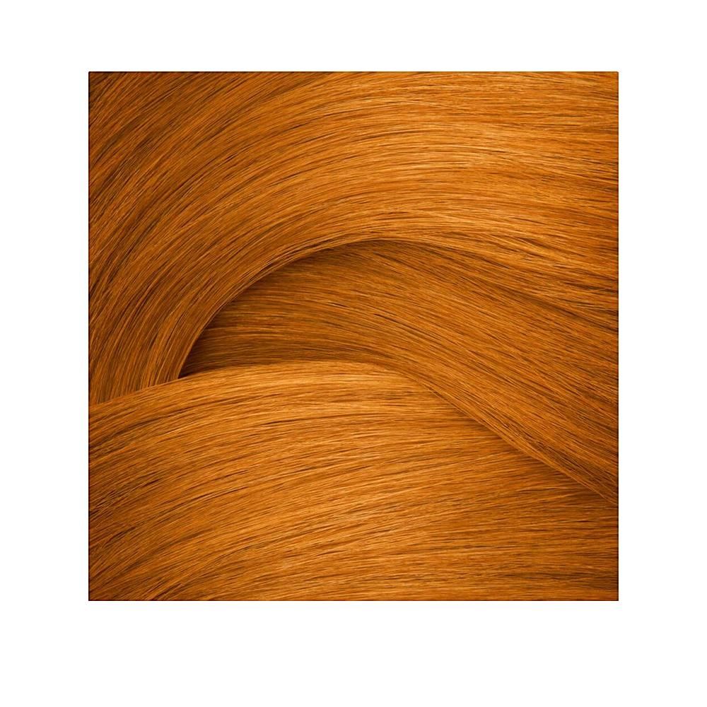 Strähnen von orangefarbenem Haar. Die Haare sind glatt und glänzend, mit einer wellenförmigen Bewegung.