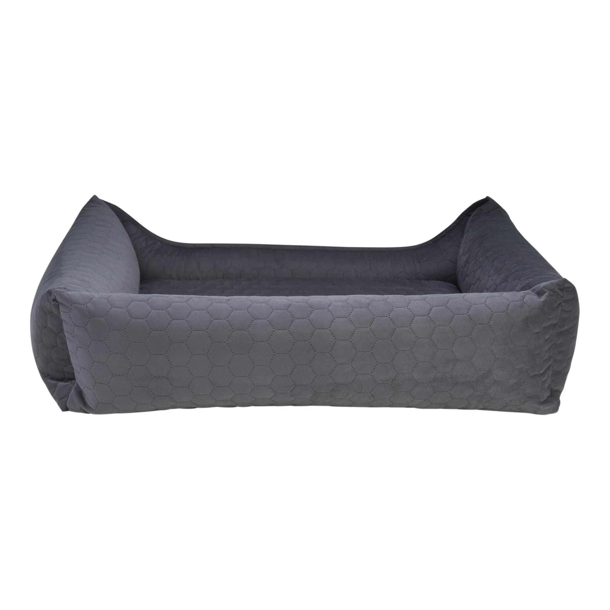 Dunkelgraues Hundebett, Velours. Eckige Form, niedrige Seitenwände. Geprägtes Muster. Keine Details.