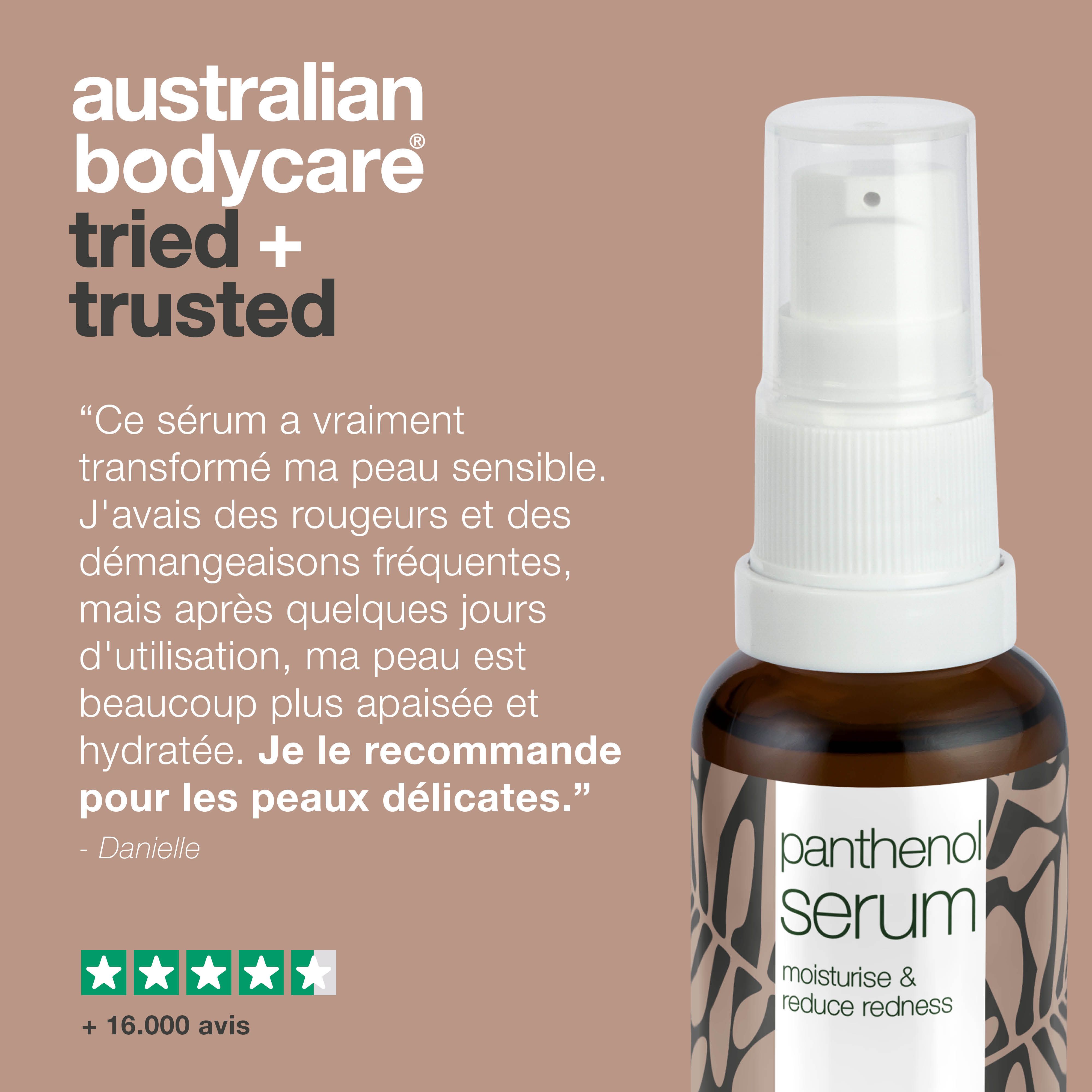 Flacon Panthenol Serum. Texte : Ce sérum a vraiment transformé ma peau sensible.