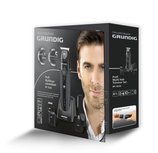 Produktverpackung mit Grundig Haarschneider MT8240. Auf der Verpackung sind ein Mann, der Haarschneider und Zubehör abgebildet.