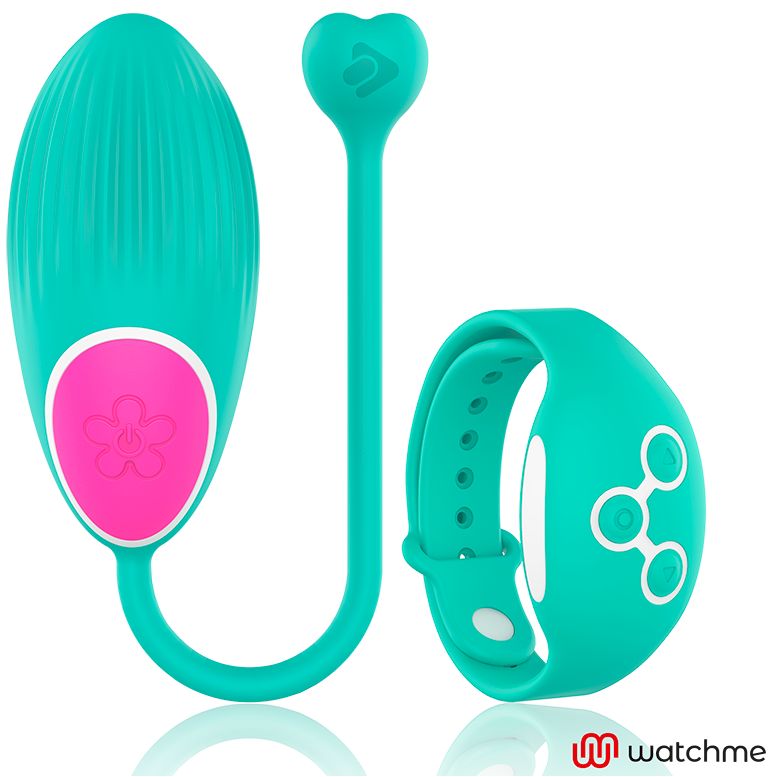 Türkisfarbenes Vibro-Ei mit pinkfarbenem Knopf, Herz-Griff und Armband. Watchme-Logo.